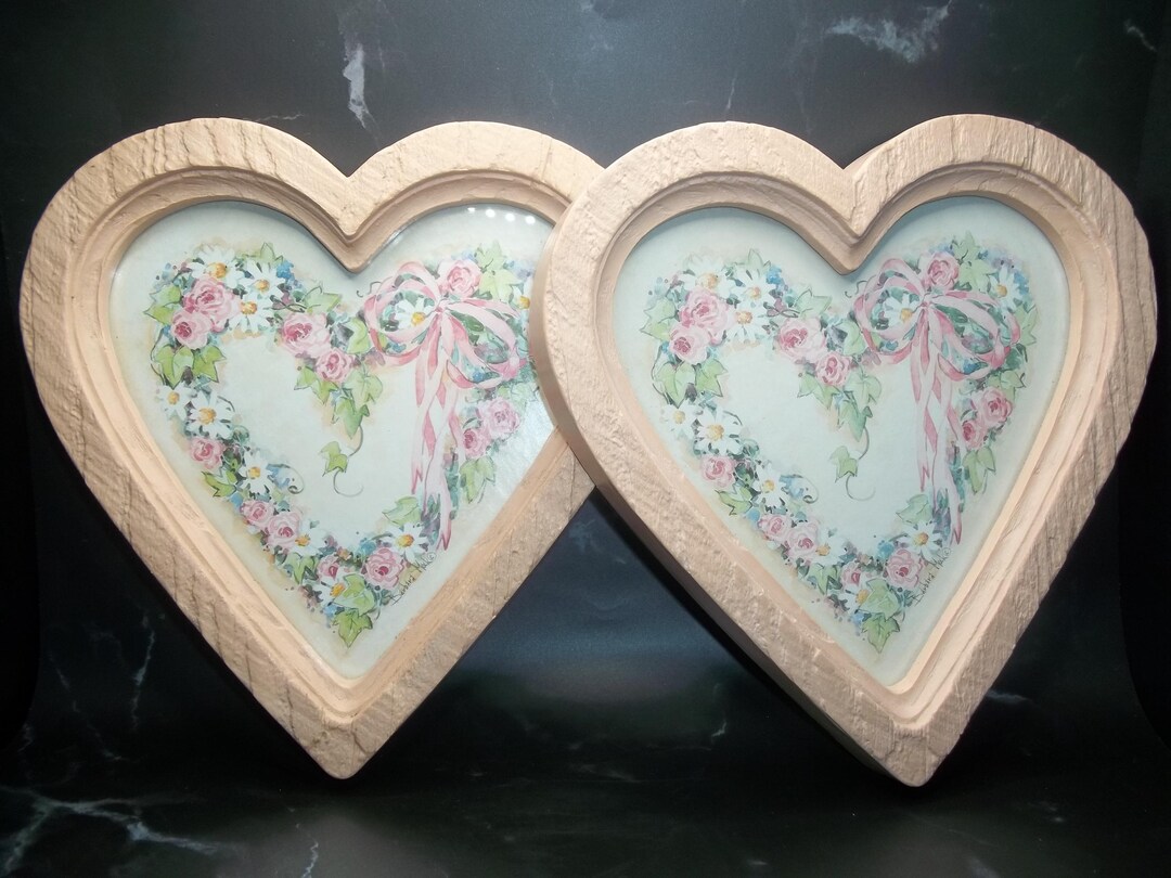 Set of 2 Heart Shaped Floral Pictures in Pink Frames by Homco Inc. 1997 ...