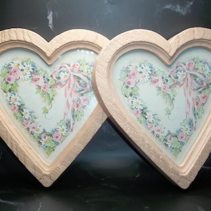 Set of 2 Heart Shaped Floral Pictures in Pink Frames by Homco Inc. 1997 Signed Barbara Mock Vintage Wall Art - FREE Gift Included!