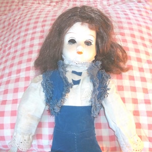 Porcelain Doll Shoulder Head Hands Feet Cloth Body Shiny Auburn Brown Hair Blue Eyes Leather Boots - FREE Gift Included!!