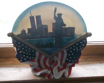 New York City 3D Skyline Plaque with Twin Towers & Statue of Liberty | Resin Tabletop Display | Rare 9/11 Era Collectible