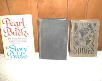 Set of 3 Vintage Spiritual Books – 1971 The Story Bible by Pearl S. Buck, Methodist Hymnal, World Wide Church Songs - FREE Gift Included!