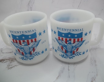 Set of 2 Vintage Glasbake Bicentennial Milk Glass Mugs | Patriotic Eagle Shield | USA 250th Anniversary Decor
