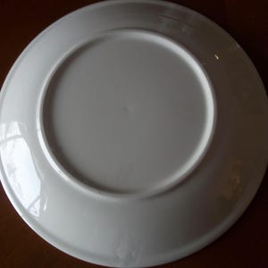 May include: A white ceramic plate, viewed from the underside, with a glossy finish. The plate has a wide rim and a slightly recessed center. The surface reflects light, highlighting its smooth texture. A simple, elegant design for serving food.