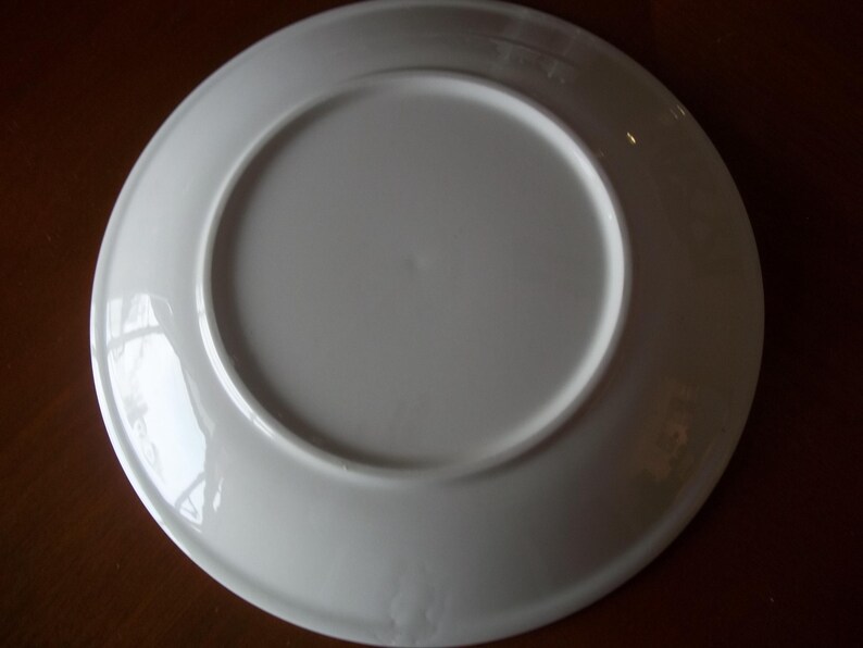 May include: A white ceramic plate, viewed from the underside, with a glossy finish. The plate has a wide rim and a slightly recessed center. The surface reflects light, highlighting its smooth texture. A simple, elegant design for serving food.