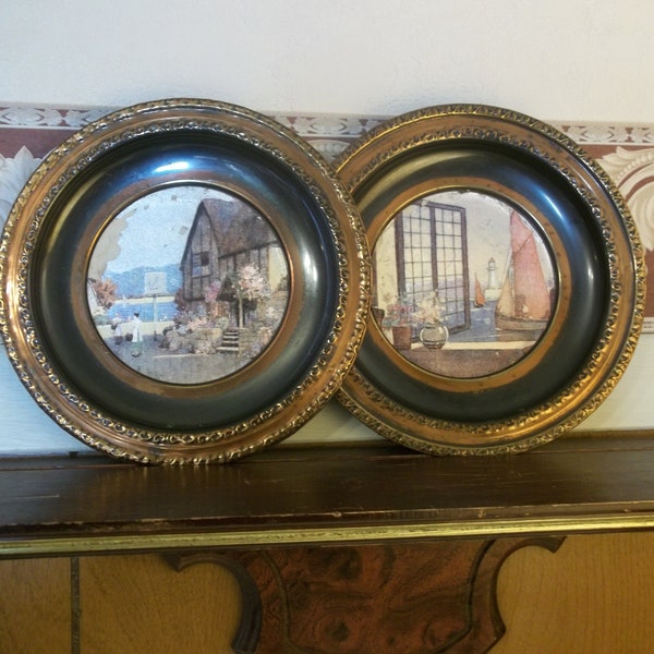 Vintage Set of 2 Round Seascape Pictures Foil Lithograph on Brass Plates Made in England
