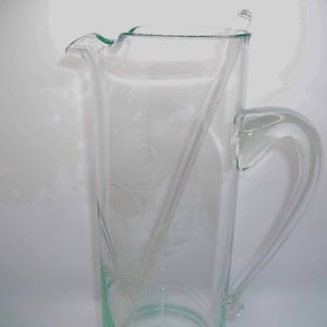 Vintage Blown Glass Cocktail Pitcher with Etched Floral Design and Stir Stick – Mid Century Barware, 9” Tall - FREE Gift Included!