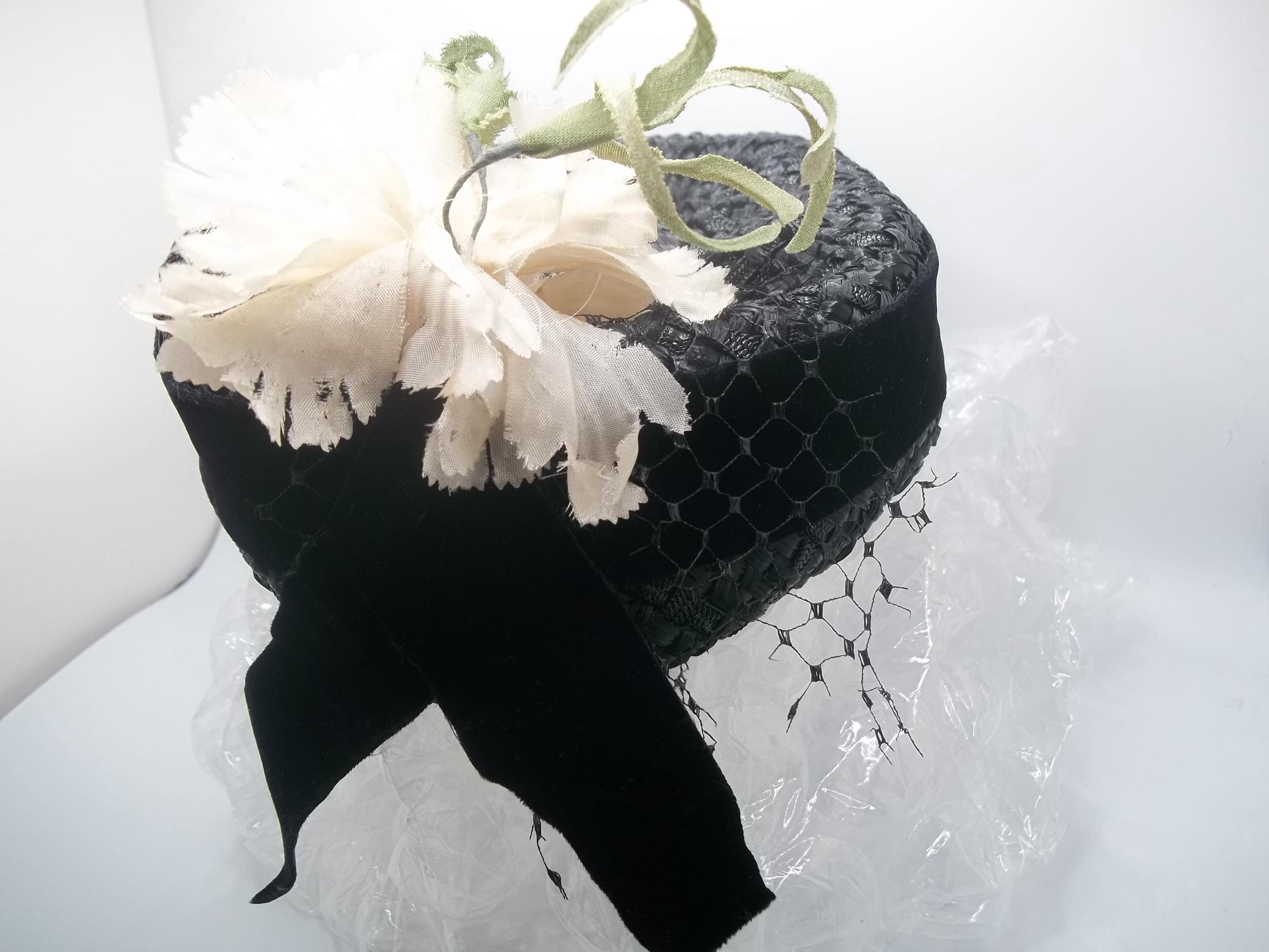 Vintage Black Woven Straw Pillbox Hat Ruffle Brim Floral Ribbon Bow Mid Century Pillbox Hat, Black Straw W/lace Embellished, Vintage Mid  main image 4