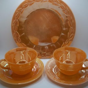 Vintage Fire King Peach Lusterware Set – 5 Pc Laurel Leaf & 3-Line Pattern – 1940s Oatmeal Promo - FREE Gift Included!