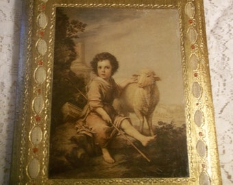 Small Painting on Wood El Divino Pastor (The Good Shepherd) by B. E. Murillo Gold and Red Etched Design 7 in