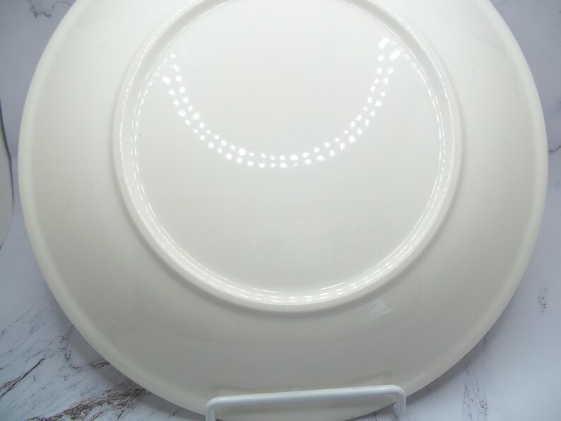 May include: A white ceramic plate, viewed from the underside, showcasing a smooth, glossy surface. The plate has a slightly raised rim and a central, recessed area. The design is simple and elegant, suitable for various culinary presentations.