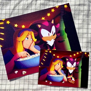 May include: A digital illustration of two characters watching a movie. The characters are a blonde woman with a blue dress and a black hedgehog with red eyes. They are sitting in front of a red background with yellow stars and a guitar. The woman is holding a bowl of popcorn and the hedgehog is looking at the screen.