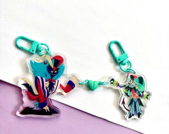 Fizzmodeus Charms | 2.5 and 2 inch acrylic heart duo pair | Helluva Keychains | Yaoi