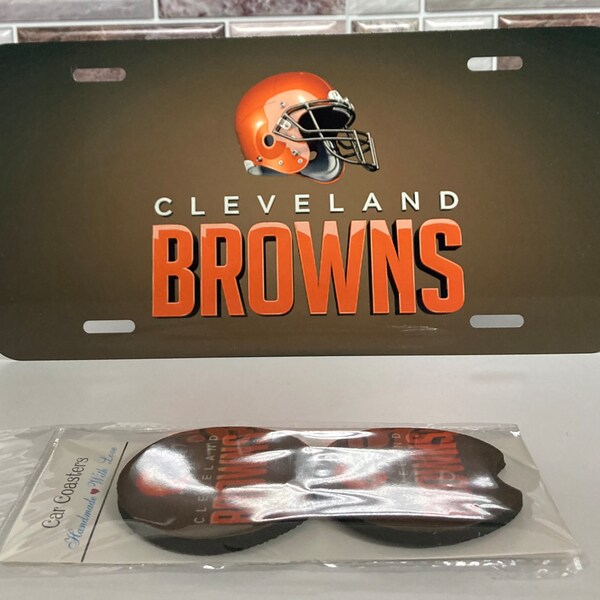 Cleveland Browns License Plate With Car Coasters