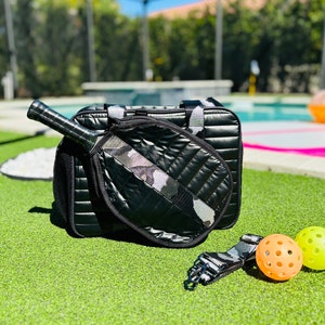 High End Quilted Black Fashion Pickleball tote bag with plenty of storage to carry your all your  gear!