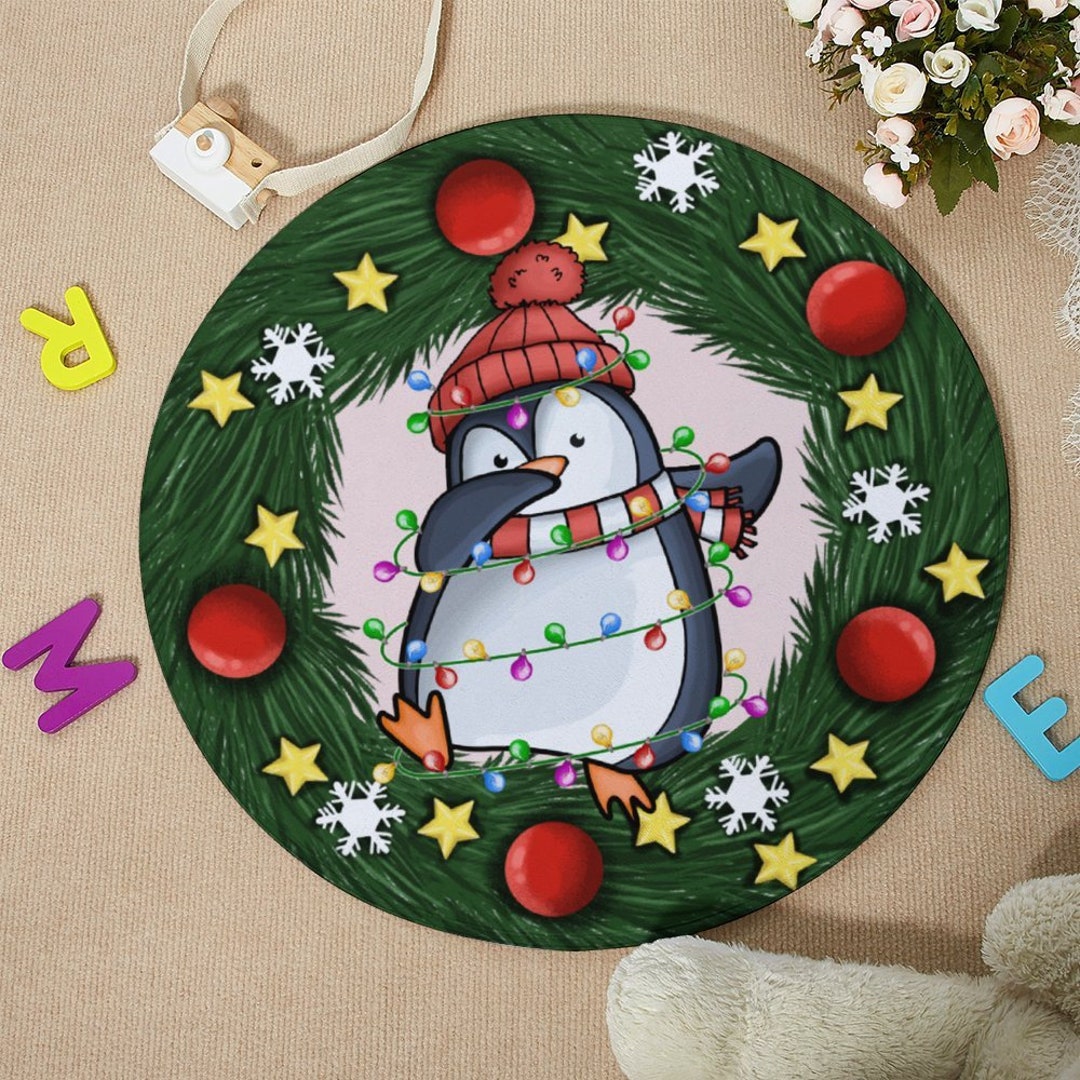 Penguins Rug Round Christmas Rug Hiphop Christmas Rug Merry Etsy