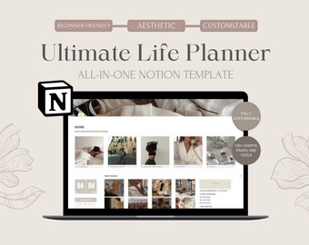 Editable Notion Template, Life Planner, All in One Notion Template, Aesthetic That Girl Notion Planner Template, Notion Life Planner