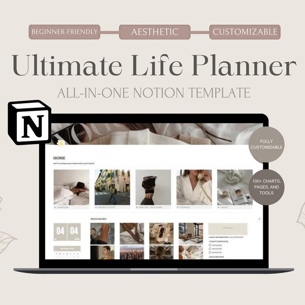 Editable Notion Template, Life Planner, All in One Notion Template, Aesthetic That Girl Notion Planner Template, Notion Life Planner