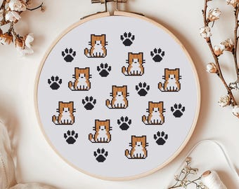 Pixel Cat Cross Stitch Pattern - Cute Paw Print Design - PDF Download - For Beginners