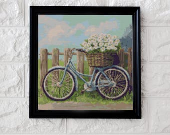 Vintage Bicycle Cross Stitch Pattern - Floral Basket & Fence Scene - PDF Instant Download