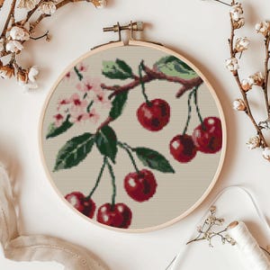 Cherry Branch Cross Stitch Pattern - Vintage Botanical Design - PDF Instant Download