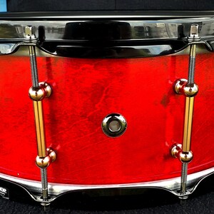 Crimson Gold 14 inch maple snare drum handmade red black gold image 5