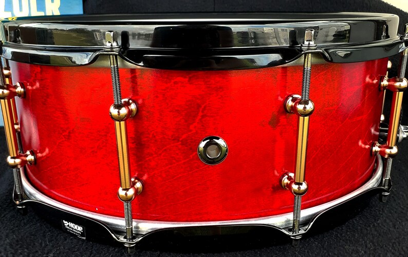 Crimson Gold 14 inch maple snare drum handmade red black gold image 5