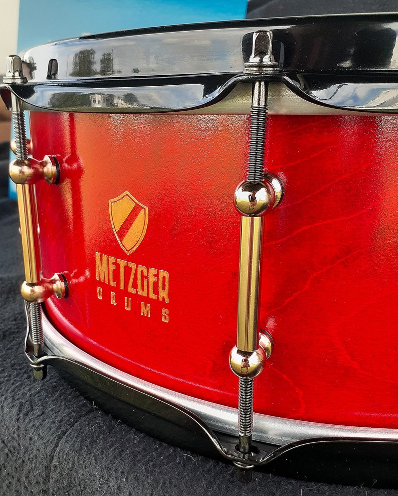 Crimson Gold 14 inch maple snare drum handmade red black gold image 2