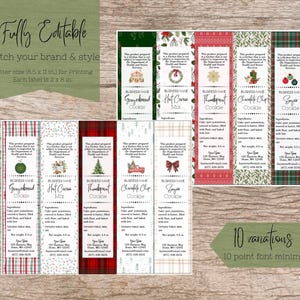 May include: A set of ten editable rectangular food labels measuring 2 by 8 inches each, featuring festive holiday patterns and illustrations. The labels include text fields for business name, ingredients, net weight, and contact information.