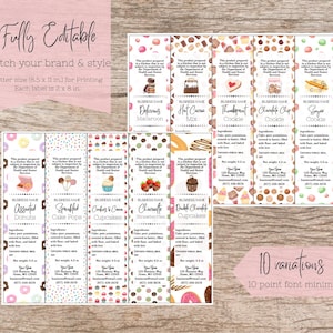 May include: A set of ten printable food labels on a letter-sized sheet, each measuring 2 by 8 inches. The labels feature various dessert illustrations, including donuts, cookies, and cupcakes, with text fields for business name, ingredients, and contact info.