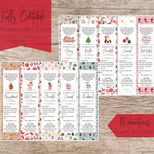 May include: A set of ten rectangular printable food labels with Christmas-themed patterns, including gingerbread, ornaments, and penguins. Each label features text fields for business name, ingredients, net weight, and contact information in 2x8 inch size.