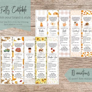 May include: A set of ten rectangular printable food labels measuring 2 by 8 inches each, featuring autumn-themed illustrations like pumpkins, leaves, and sunflowers. The labels include text fields for business name, ingredients, and contact details.