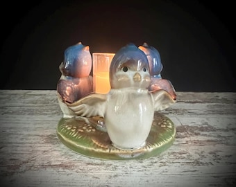 Vintage Blue Bird Trio Ceramic Candle Holder: 1950s Kitschy Decor