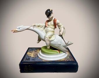 Herend Porcelain Figurine: Boy Riding Goose, Antique Hungarian