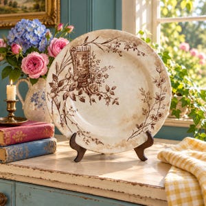 May include: A round ceramic plate featuring a brown transferware pattern of floral vines and a small rectangular landscape scene. The plate has a cream-colored base with brown-toned edges and is displayed on a dark brown stand.
