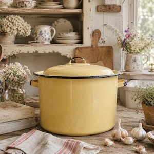 May include: A large, round, pale yellow enamel stockpot with a matching lid, two side handles, and a thin black rim. The pot has a smooth, glossy finish and is positioned centrally, featuring a deep cylindrical body and a domed lid with a handle.