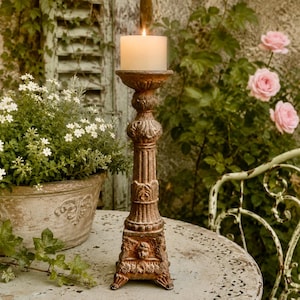Vintage Handcrafted Terracotta Candlestick, French Country Cherub Candle Holder, Altar Style Pedestal Candle Stand