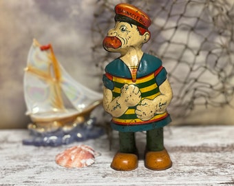 Antique J. Chein Barnacle Bill Walker the Sailor Mechanical Wind-Up Tin Litho Toy From the 1930's, Made in Japan, Retro 1930's Collectible