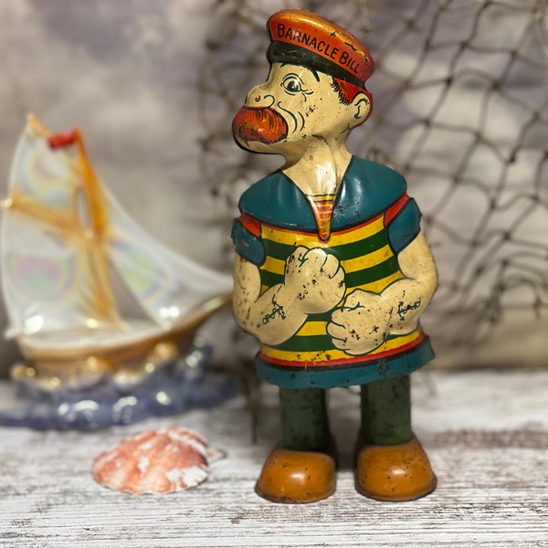 Antique J. Chein Barnacle Bill Walker the Sailor Mechanical Wind-Up Tin Litho Toy From the 1930's, Made in Japan, Retro 1930's Collectible
