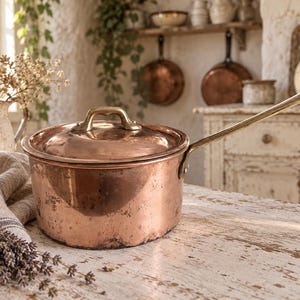 May include: A round copper saucepan with a matching lid and a long, slender brass handle. The exterior of the pot shows a weathered, metallic finish with visible signs of use, featuring a polished brass knob centred on the lid.