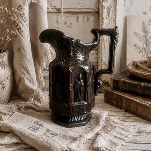 Antique Gothic Revival Apostle Jug, Brown Glazed Ceramic Pitcher, Victorian Ecclesiastical Style, Medieval Relief Pottery