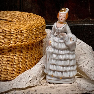 Porcelain Victorian Lady Figurine with Gold Gilding Made In Occupied Japan in the 1940's, Small Ceramic Victorian Woman Figurine