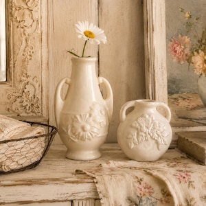 Vintage Ceramic Bud Vase Pair, Small Floral Relief Double Handle Pots