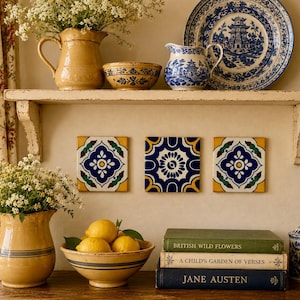 Set of 3 Hand Painted Talavera Style Ceramic Tiles, Mexican Folk Art Tiles