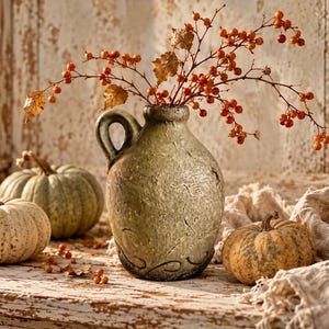 May include: A textured, olive-green ceramic jug with a single handle, containing a branch with small orange berries and dried leaves. The jug is surrounded by three pumpkins of varying sizes and colors, including white and pale green.