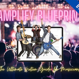 Könnte beinhalten: Ein digitaler Tablet-Bildschirm zeigt eine Band mit drei Musikern, die Instrumente spielen, vor einem verschwommenen Hintergrund einer Konzertmenge. Der Text "Amplify Blueprint: The Ultimate Notion Guide for Musicians" wird auf dem Bildschirm angezeigt.