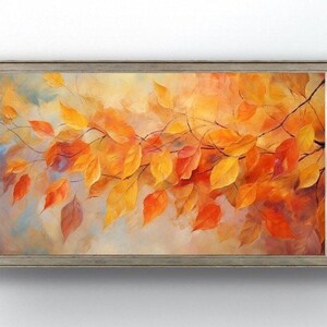 Puede incluir: Una pintura de una rama de hojas de otoño en tonos de naranja, amarillo y rojo. Las hojas están pintadas de forma realista y parecen estar siendo arrastradas por el viento.