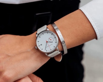 Secanti White Silver Limited Edition Watch Unisex For Men Women Gift Ideas Unique Luxury Analog Stainless Steel Leather Custom Minimalist