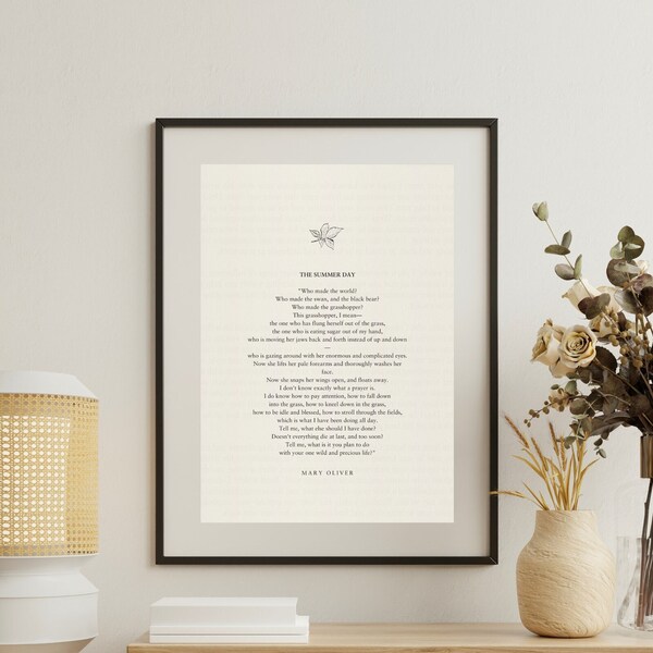 Mary Oliver "The Summer Day", Poem Prints, Book Quotes, Gift For Writers, Minimalistic Poster For Framing, Literary Prints