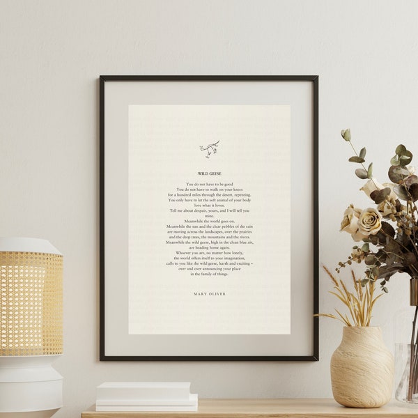 Mary Oliver "Wild Geese", Poem Prints, Book Quotes, Gift For Writers, Minimalistic Poster For Framing, Literary Prints