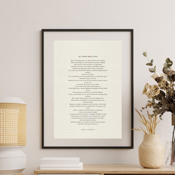 Neil Gaiman "All I Know About Love" Love Quotes, Vintage Poster for Inspiration and Weddings